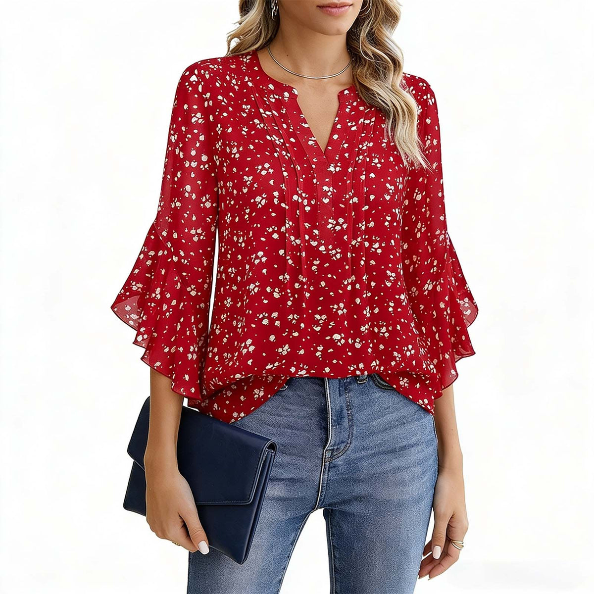 Gingprous Women's 3/4 Sleeve Henley Blouse, V Neck Pleated Ruffle Sleeve Dressy Casual Top, Red Polka Dot