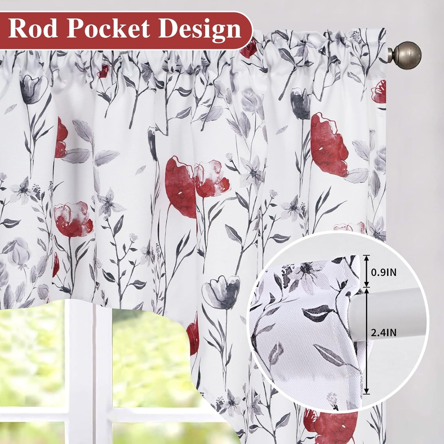 Alishomtll Kitchen Curtains Valances Swags for Windows Red Floral Printed Window Drapes, 61" W x 36"
