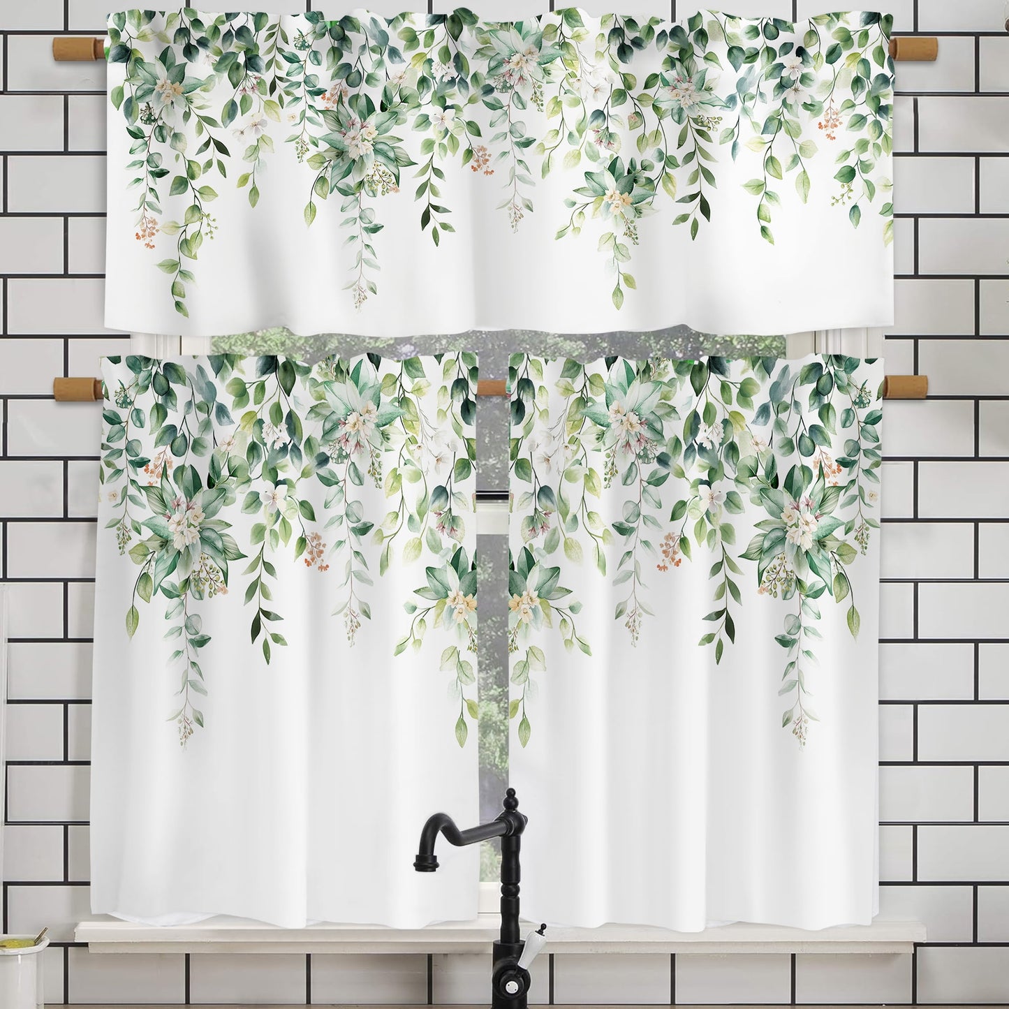 Alishomtll Green Valance Curtains for Living Room Bedroom Kitchen Windows Watercolor Floral Print ,52 x 18 inch,Rod Pocket