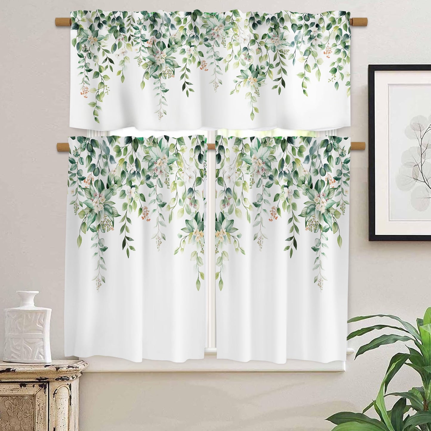 Alishomtll Green Valance Curtains for Living Room Bedroom Kitchen Windows Watercolor Floral Print ,52 x 18 inch,Rod Pocket