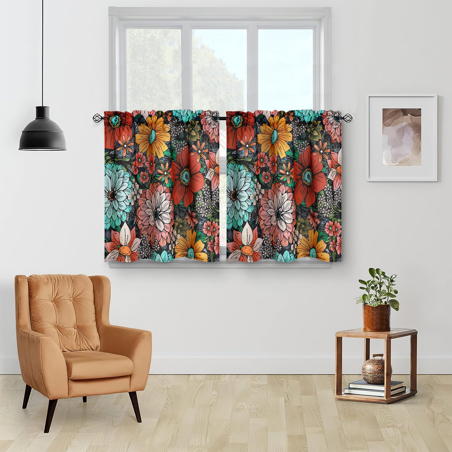 Alishomtll Boho Floral Print Kitchen Curtains 24 Length Sets for Small Window,2 Panels,Rod Pocket