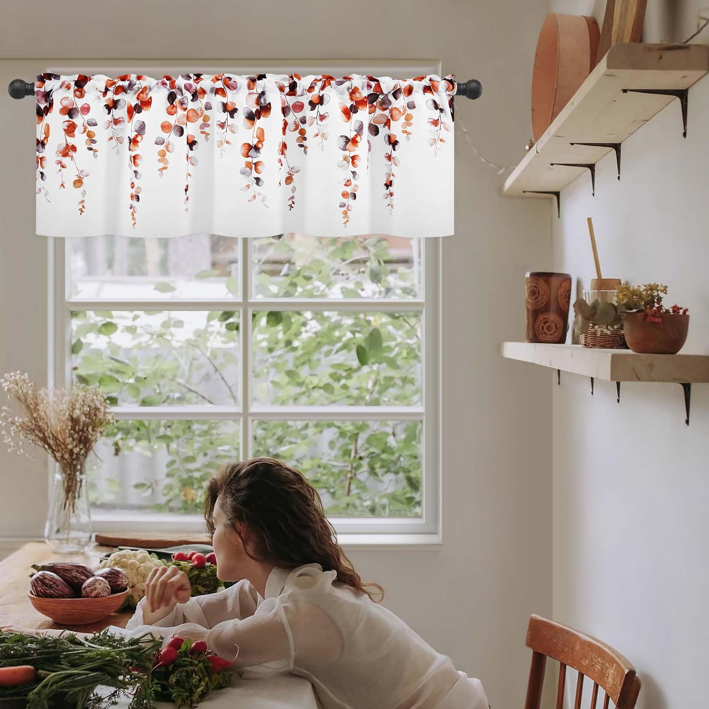 Alishomtll Fall Autumn Valance Curtains for Living Room Bedroom Kitchen Windows Grey Orange Watercolor Leaves Print ,52 x 18 inch,Rod Pocket