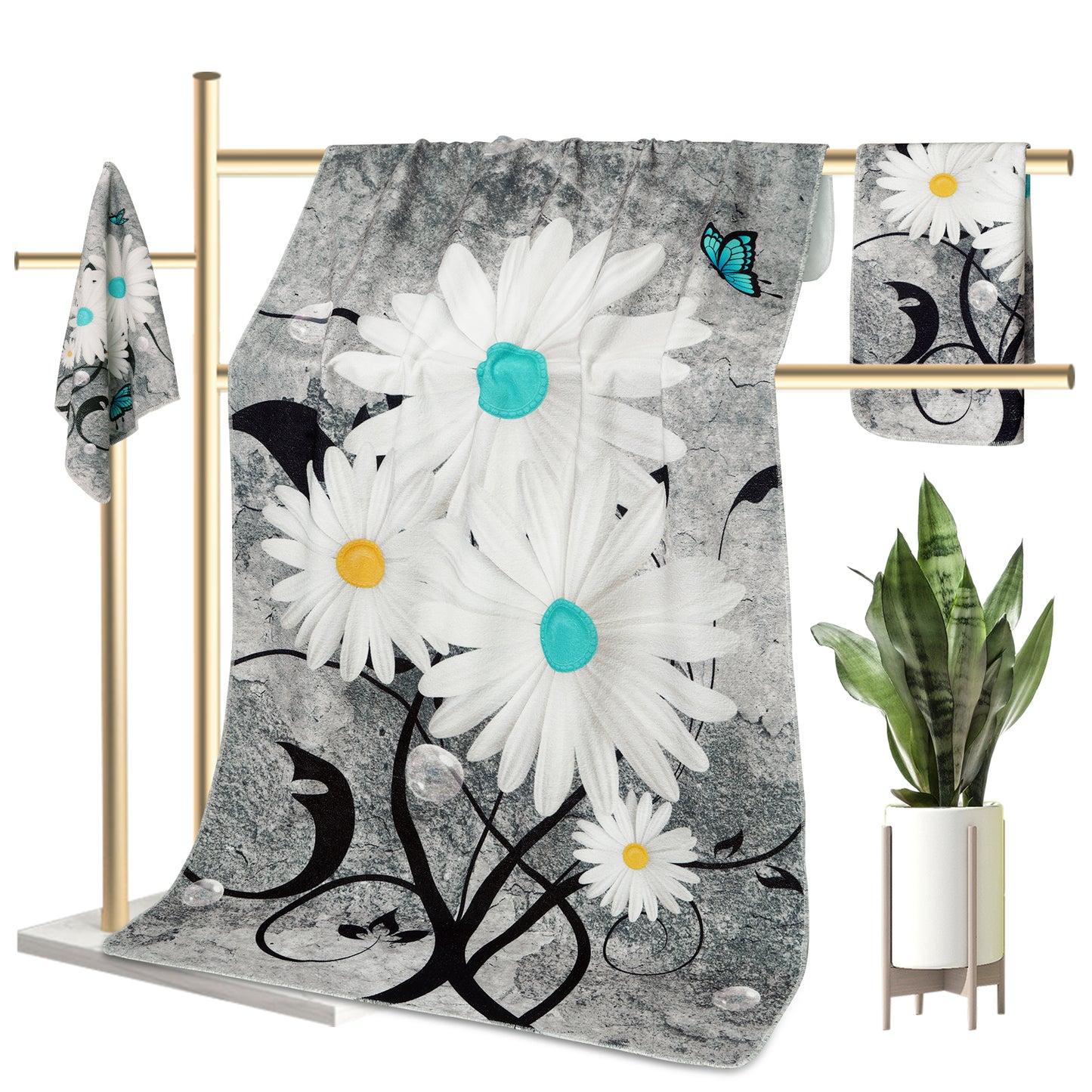 Alishomtll 3 Piece White Daisy Bath Towels ,Floral Butterfly Gray Towels Sets Include Bath Towel, Hand Towel And Kitchen Washcloth