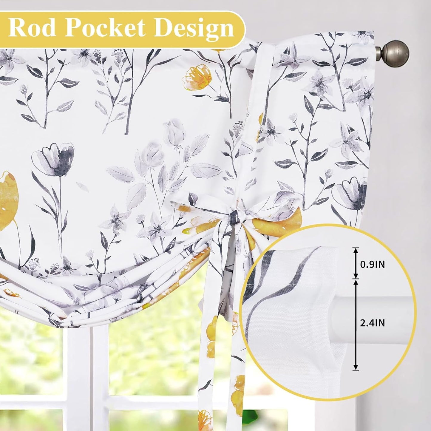 Alishomtll Yellow Gray Watercolor Floral Printed Balloon Adjustable Tie Up Valances Curtains, 42 x 63 Inch
