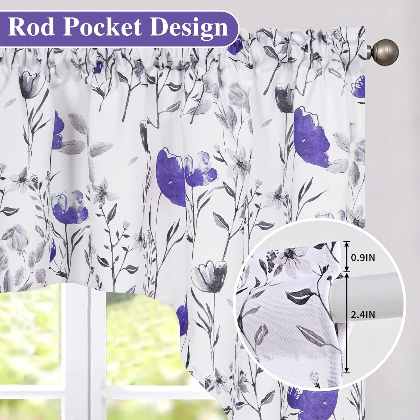 Alishomtll Kitchen Curtains Valances Swags for Windows Purple Floral Printed Window Drapes, 61" W x 36"
