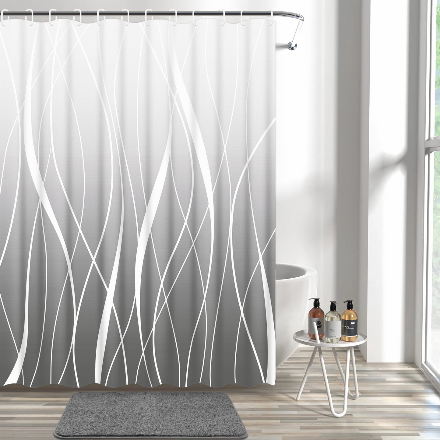 FRAMICS 15-Piece Ombre Gray Shower Curtain Sets with Rugs, Waterproof Fabric Striped Gradient Bathroom Sets, 72" x 72"