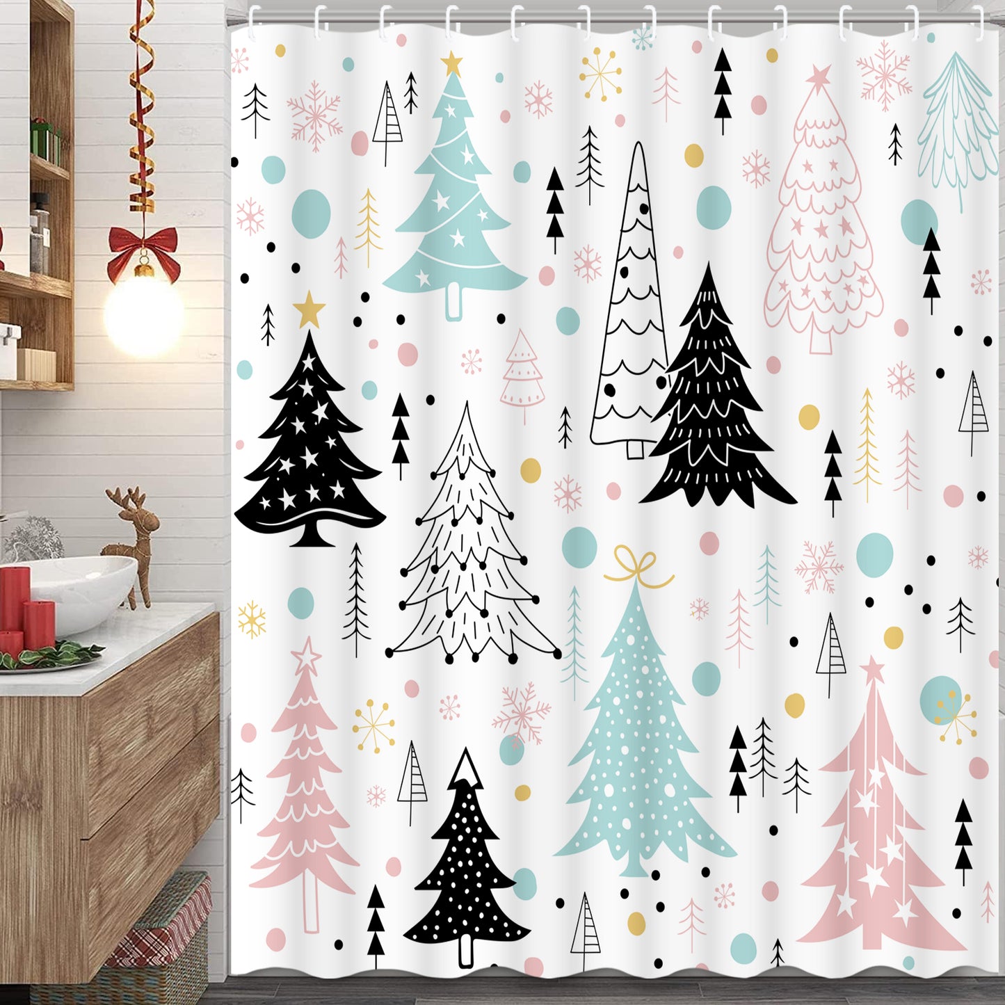 FRAMICS Christmas Shower Curtain Sets with Rugs, 16 Pcs Xmas Tree Bathroom Sets, Waterproof Fabric Bathroom Curtain for Home Holiday Decor with Hooks