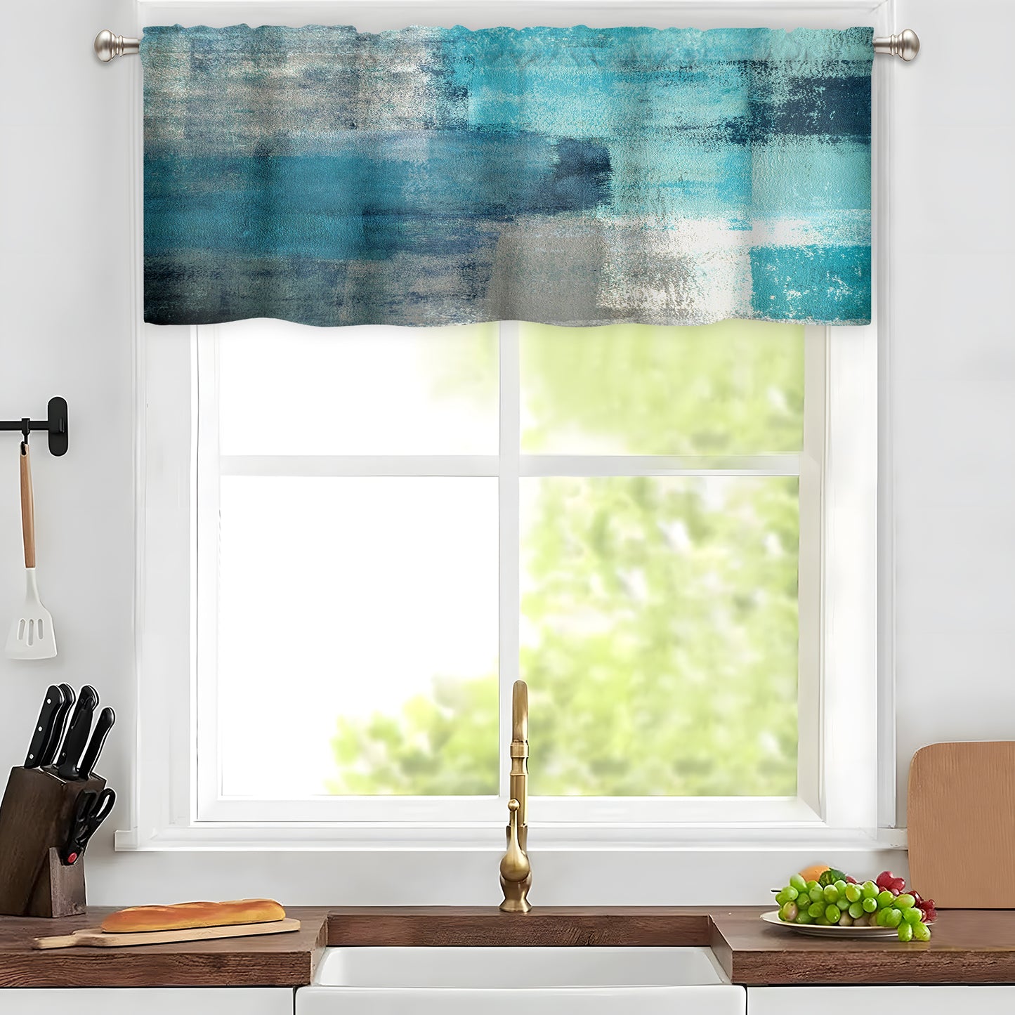 Alishomtll Abstract Valances Curtain Kitchen Living Room Bedroom Turquoise Print Window Drapes ,Rod Pocket ,52 x 18 inch