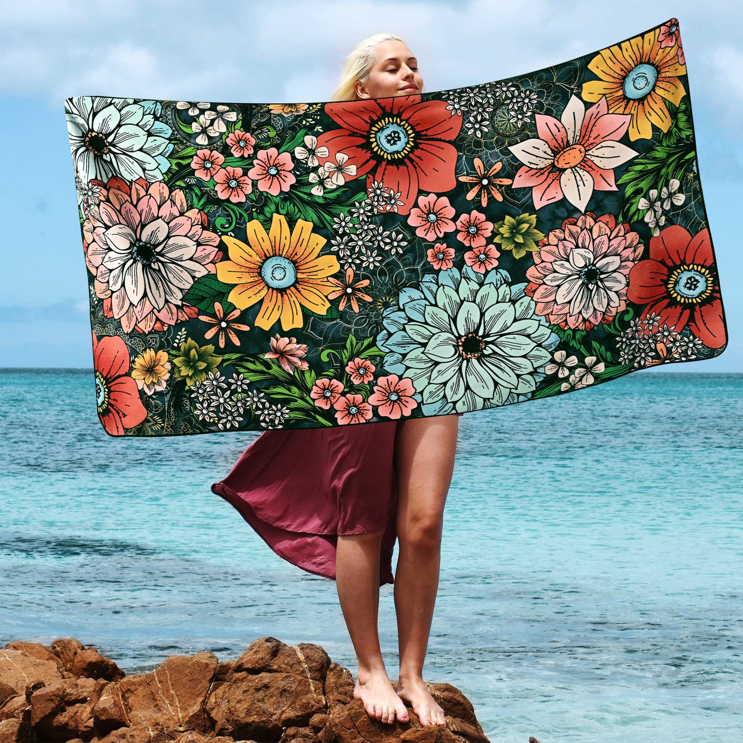 Alishomtll Boho Floral Bath Towels 3Pcs Bathroom Towels Sets Include Bath Towel, Hand Towel and Washcloth,Bohemian Watercolor Flower Print