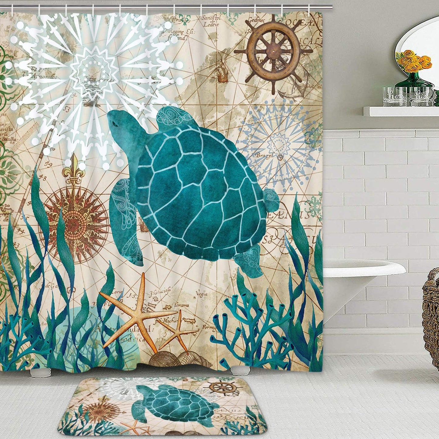 FRAMICS Sea Turtle Shower Curtain and Rug Sets, 16 Pc Blue Nautical Ocean Bathroom Sets, Waterproof Fabric Shower Curtain with 12 Hooks and Toilet Rugs
