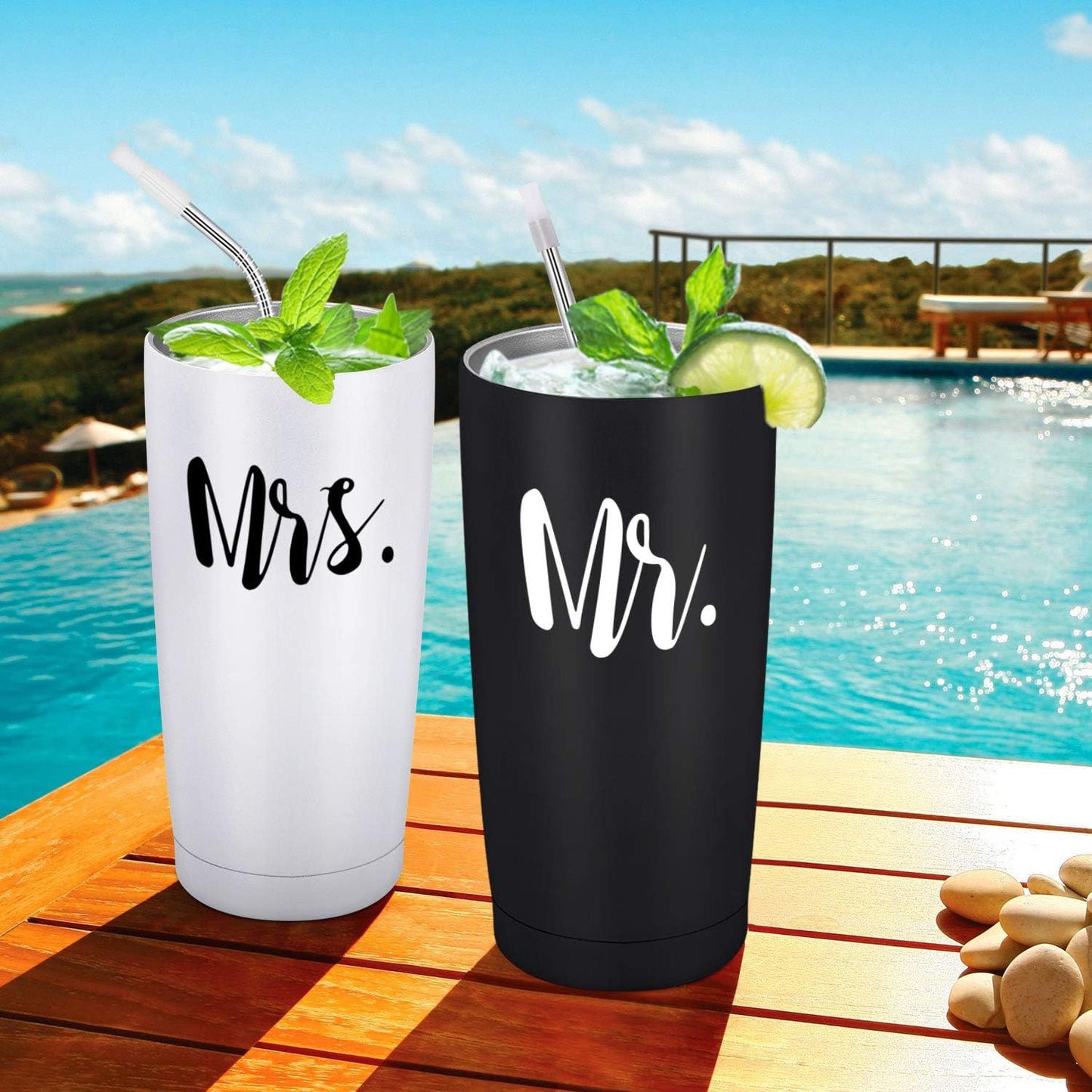 Gingprous 2 Pack 20 oz Mr and Mrs Stainless Steel Travel Tumblers Set with Lids Straws , Vacuum Insulated Tumblers , Black&White