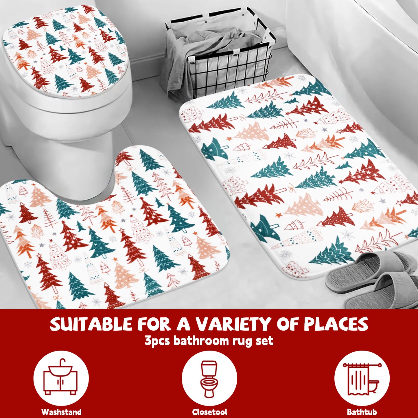 FRAMICS Christmas Shower Curtain Sets with Rugs, 16 Pcs Xmas Tree Snowflake Bathroom Sets, Waterproof Fabric Bathroom Curtain for Home Holiday Decor with Hooks