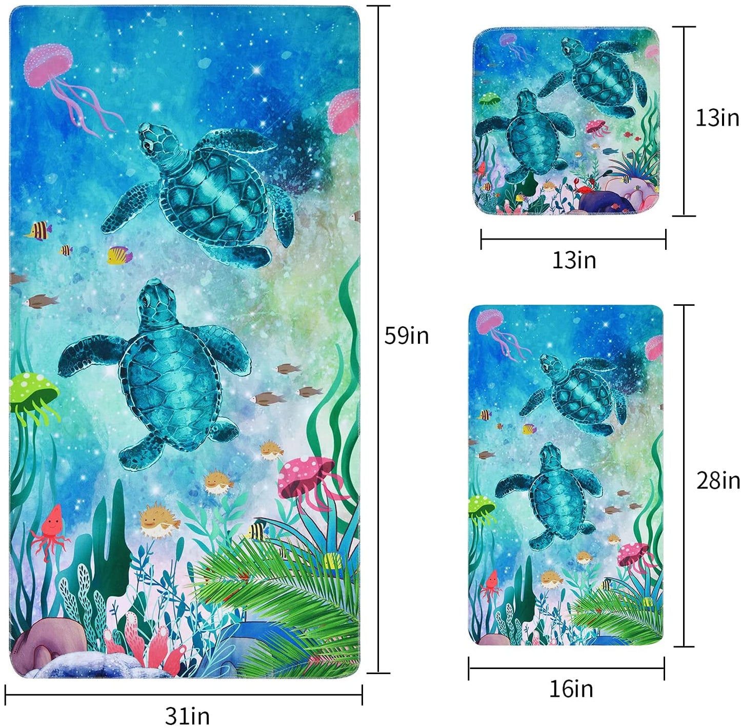 Alishomtll Bath Towels Set Sea Turtle Pattern Include Bath Towel, Hand Towel and Wash Towel for Bathroom