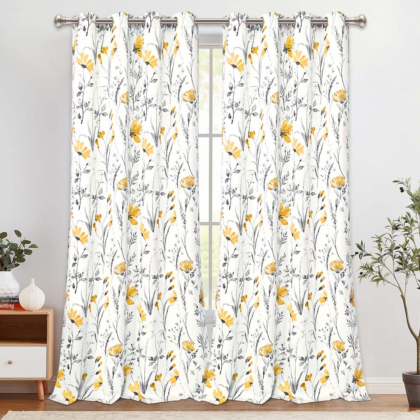 Alishomtll Yellow Floral Blackout Curtains for Living Room Bedroom Energy Efficient Thermal Insulated Grommet Window Drapes, 52"x 84",Set of 2