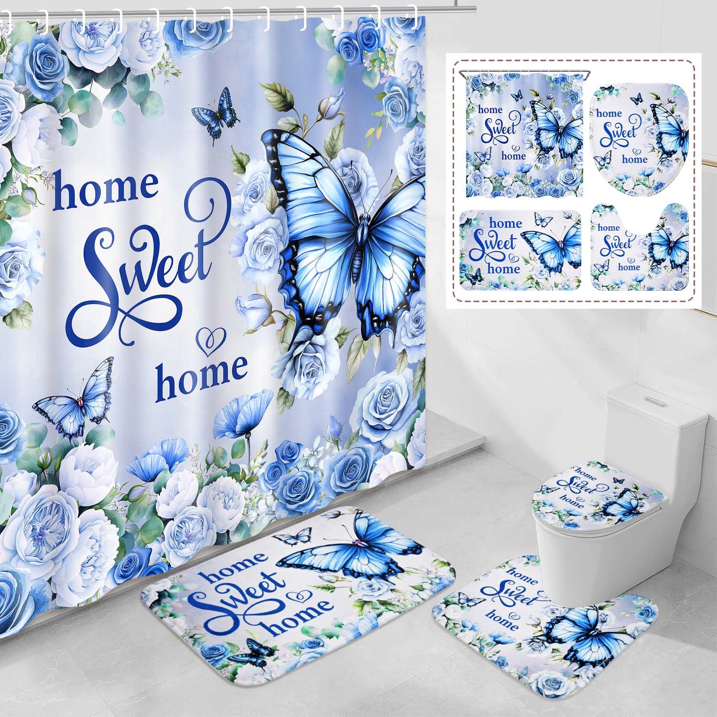 FRAMICS Blue Butterfly Shower Curtain Sets with Rugs, 16 Pcs Floral Farmhouse Bathroom Sets, Waterproof Fabric Bathroom Curtain Decor with Hooks
