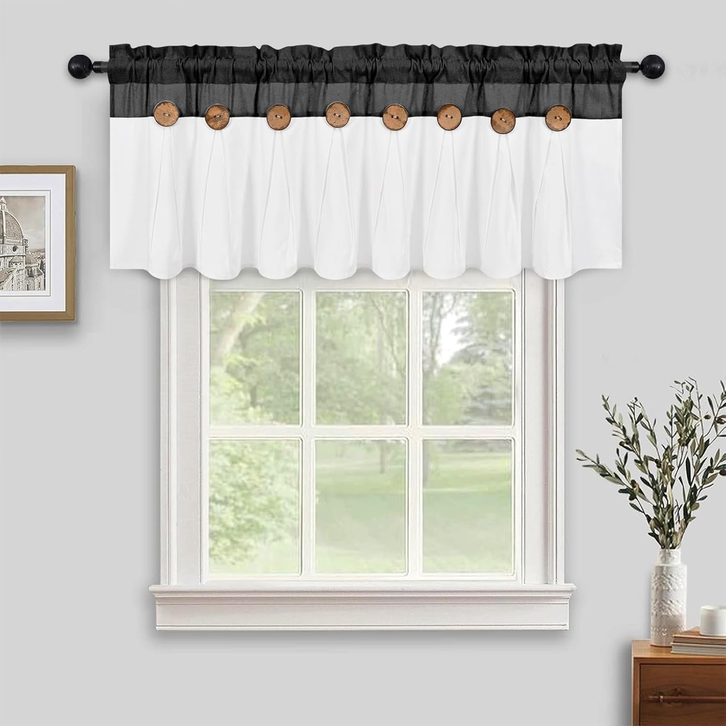 Alishomtll Linen Valance Farmhouse Boho Button Kitchen Curtains ,Rod Pocket,18"L x 52"W, Black White