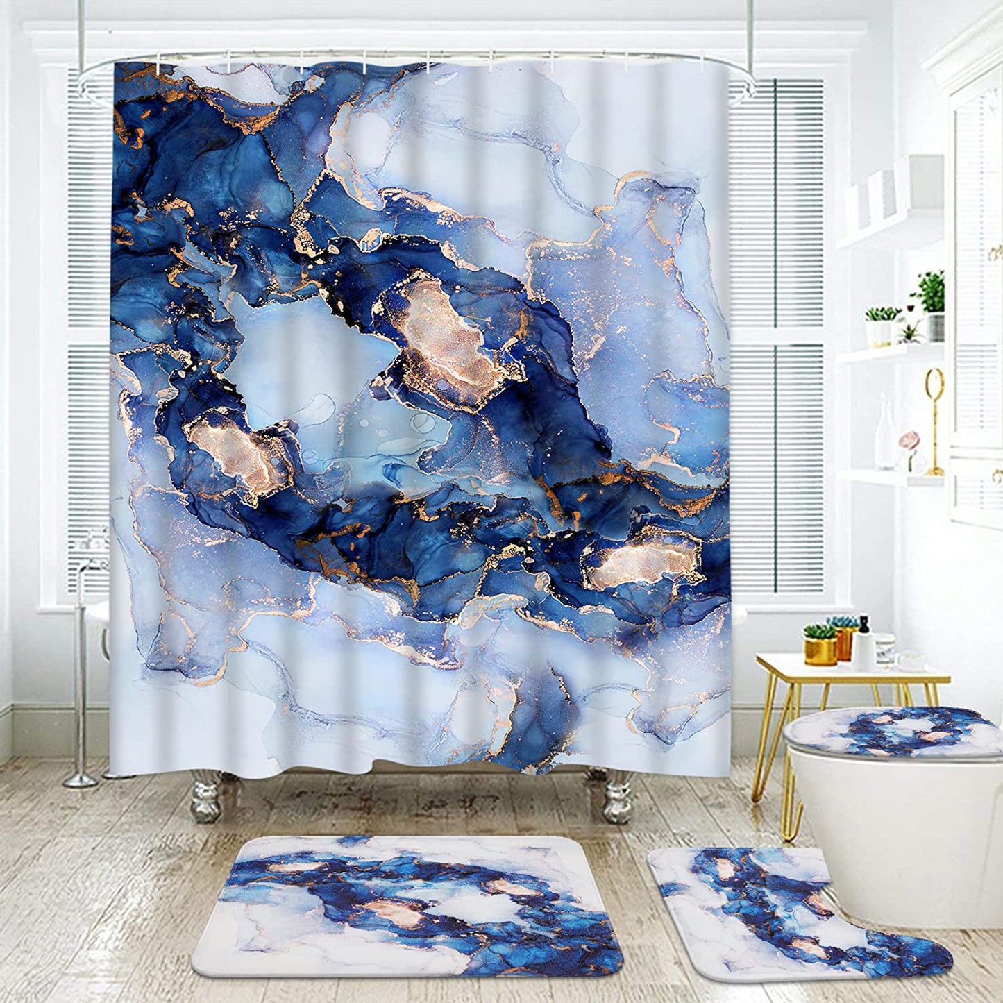 FRAMICS Navy Blue Luxury Marble Shower Curtain and Rug Sets, 16 Pc Modern Abstract Bathroom Sets, Waterproof Fabric Shower Curtain with 12 Hooks and Toilet Rugs