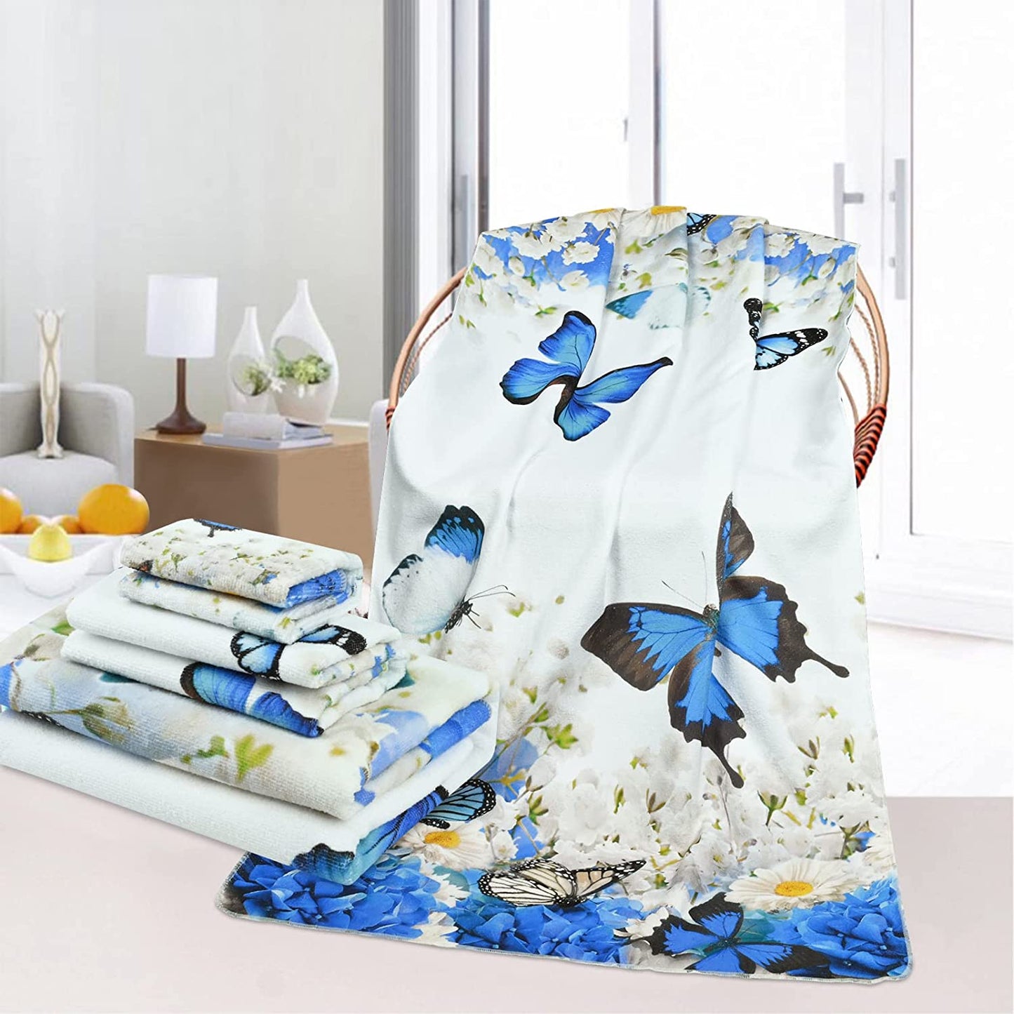 Alishomtll Butterfly and Flower Bath Towel Sets Blue Plant and Insect Towel Include Beach Towel, Hand Towel and Kitchen Dish Towels