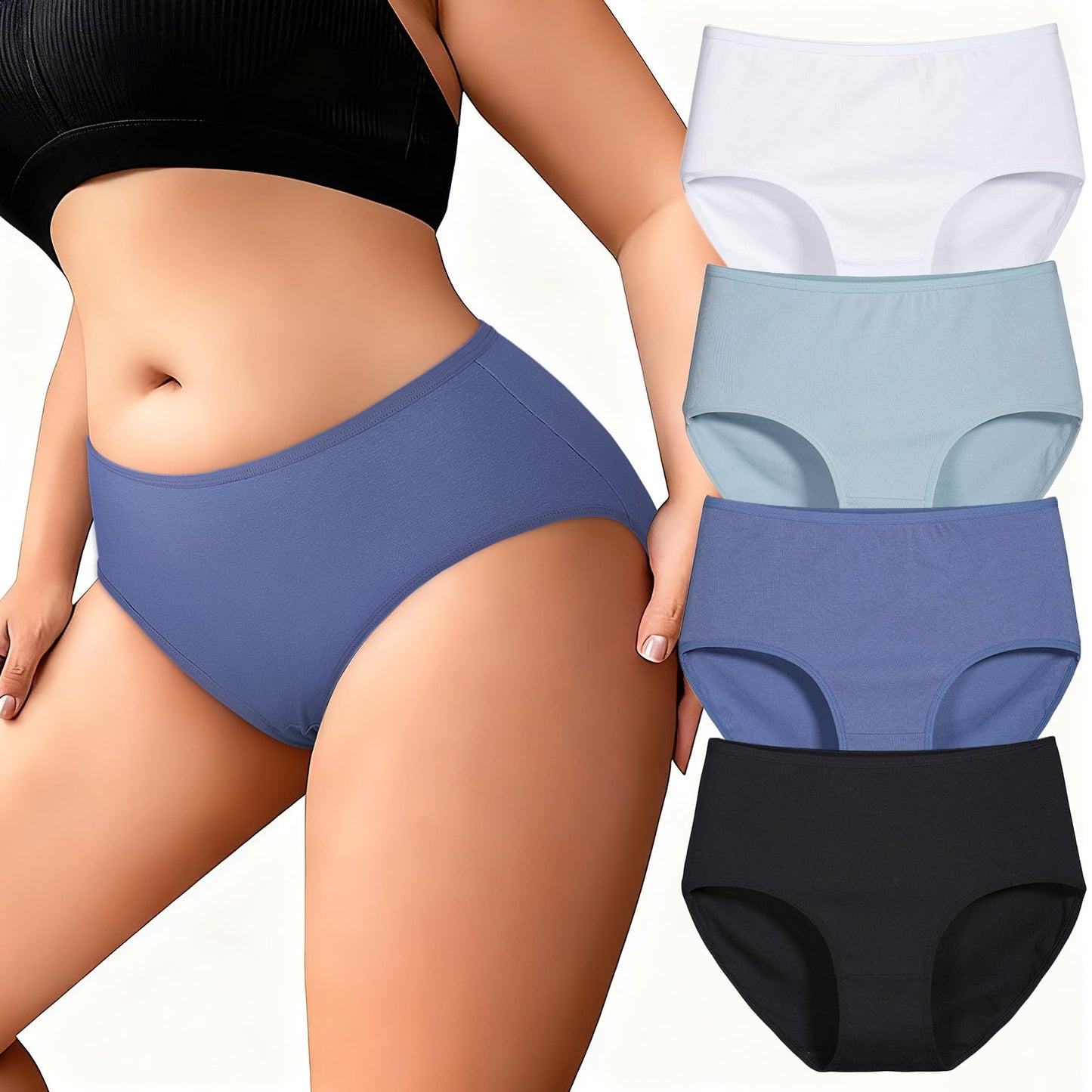 MecTo Womens Cotton Underwear Plus Size, Stretch Briefs High Waisted Full Coverage Breathable Panties 4 Pack
