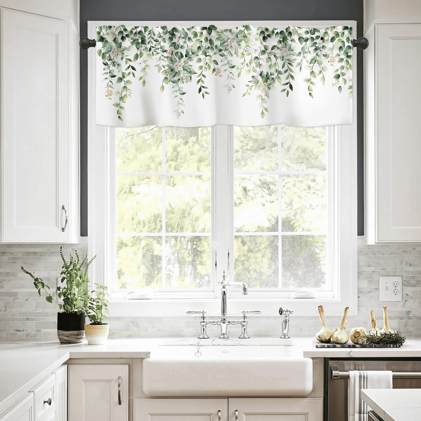 Alishomtll Green Valance Curtains for Living Room Bedroom Kitchen Windows Watercolor Floral Print ,52 x 18 inch,Rod Pocket