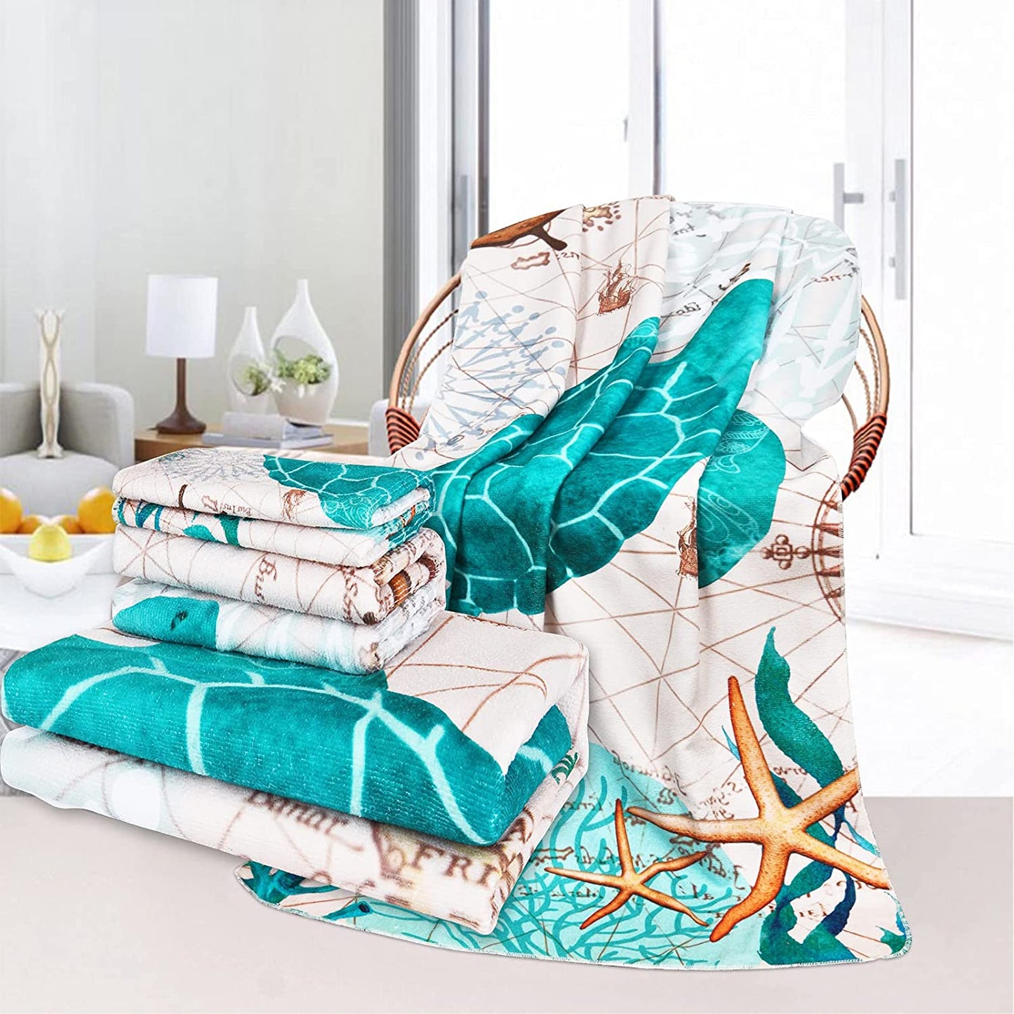 Alishomtll 3Pcs Kids Sea Turtles Bath Towels Set Include Bath Towel, Hand Towel and Washcloth for Bathroom Decor