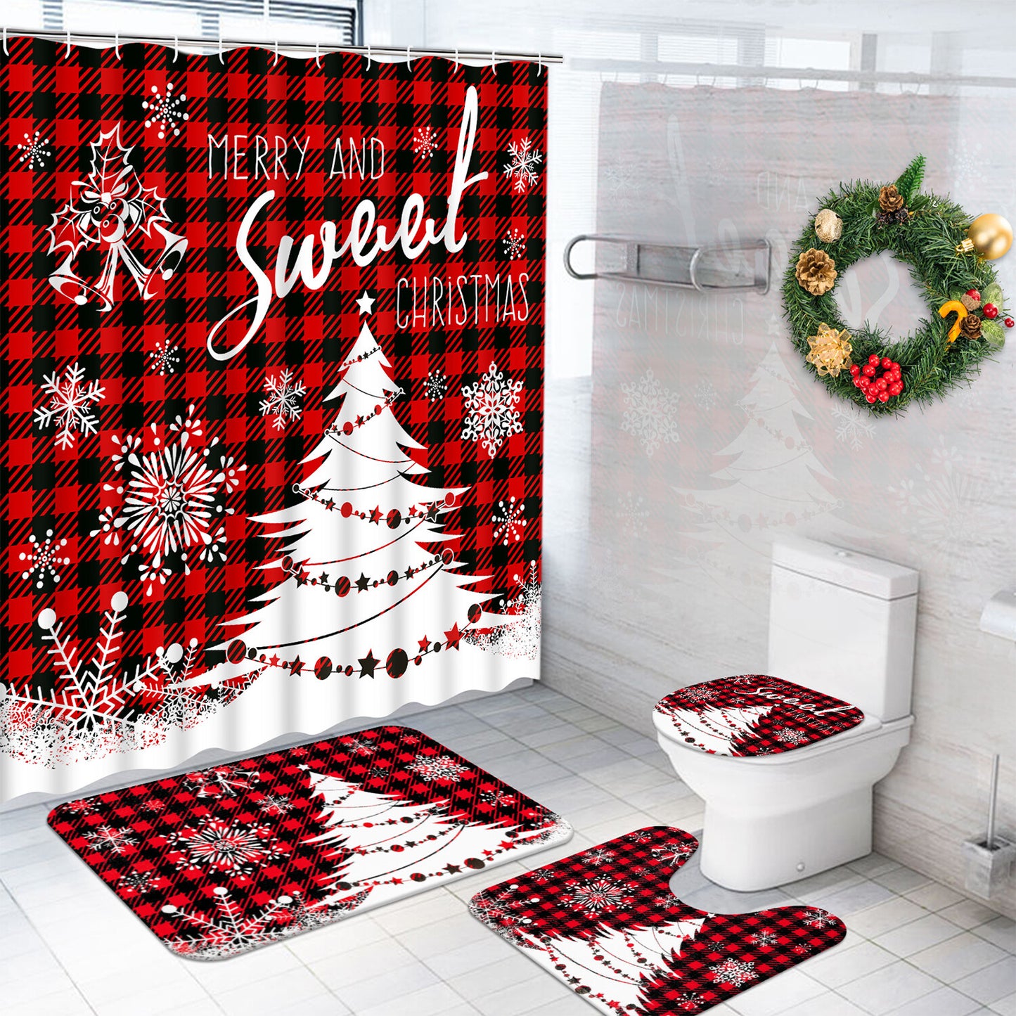 FRAMICS Merry Christmas Shower Curtain Sets with Rugs, Red Buffalo Plaid Bathroom Decor Sets, Xmas Tree Waterproof Fabric Shower Curtain with 12 Hooks and Toilet Rugs