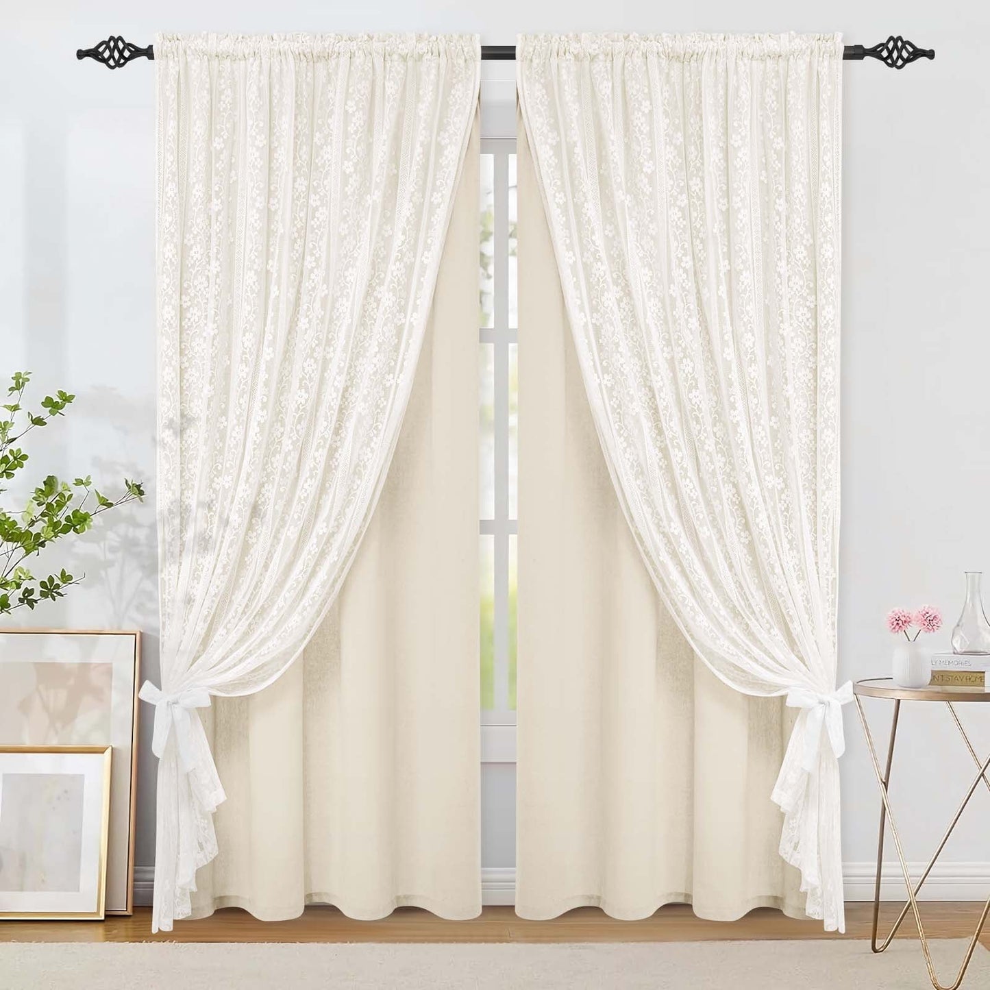 Alishomtll Beige Linen Curtains with Lace Sheer 84 Inches Long, Double Layer Light Filtering Window Drapes for Bedroom Living Room,W52 X L84,2 Panels