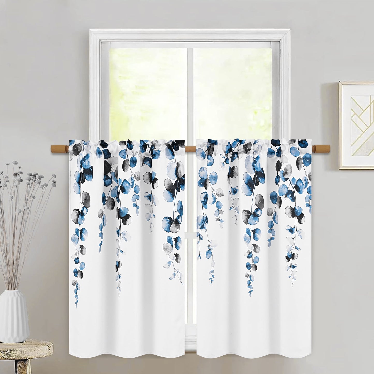 Alishomtll Valance Curtains for Living Room Bedroom Kitchen Windows Grey Blue Watercolor Leaves Print ,52 x 18 inch,Rod Pocket