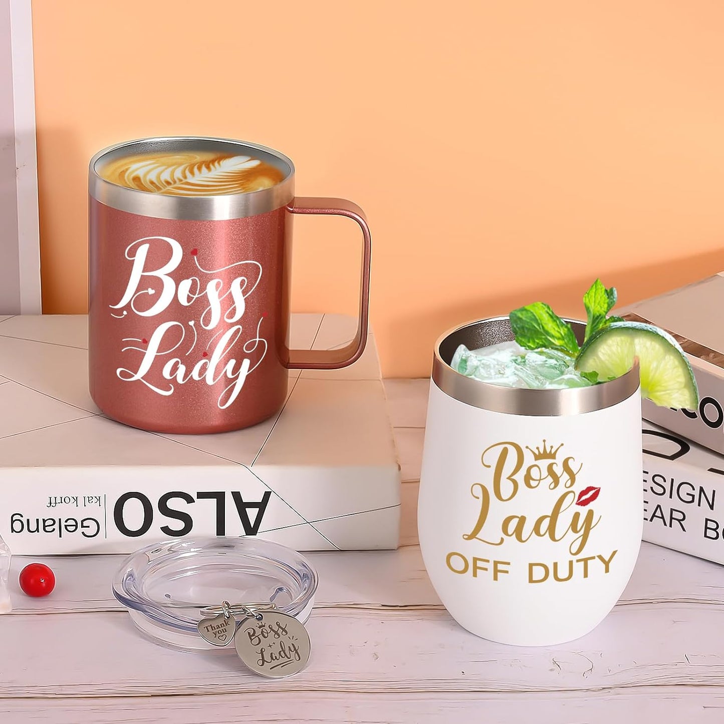 Gingprous 12oz Stainless Steel Tumbler Set,Boss Lady,Boss Lady Off Duty , Vacuum Insulated Tumblers, Boss Day Gifts for Women, Manager, Boss,Birthday ,Christmas gifts, Rose Gold&White