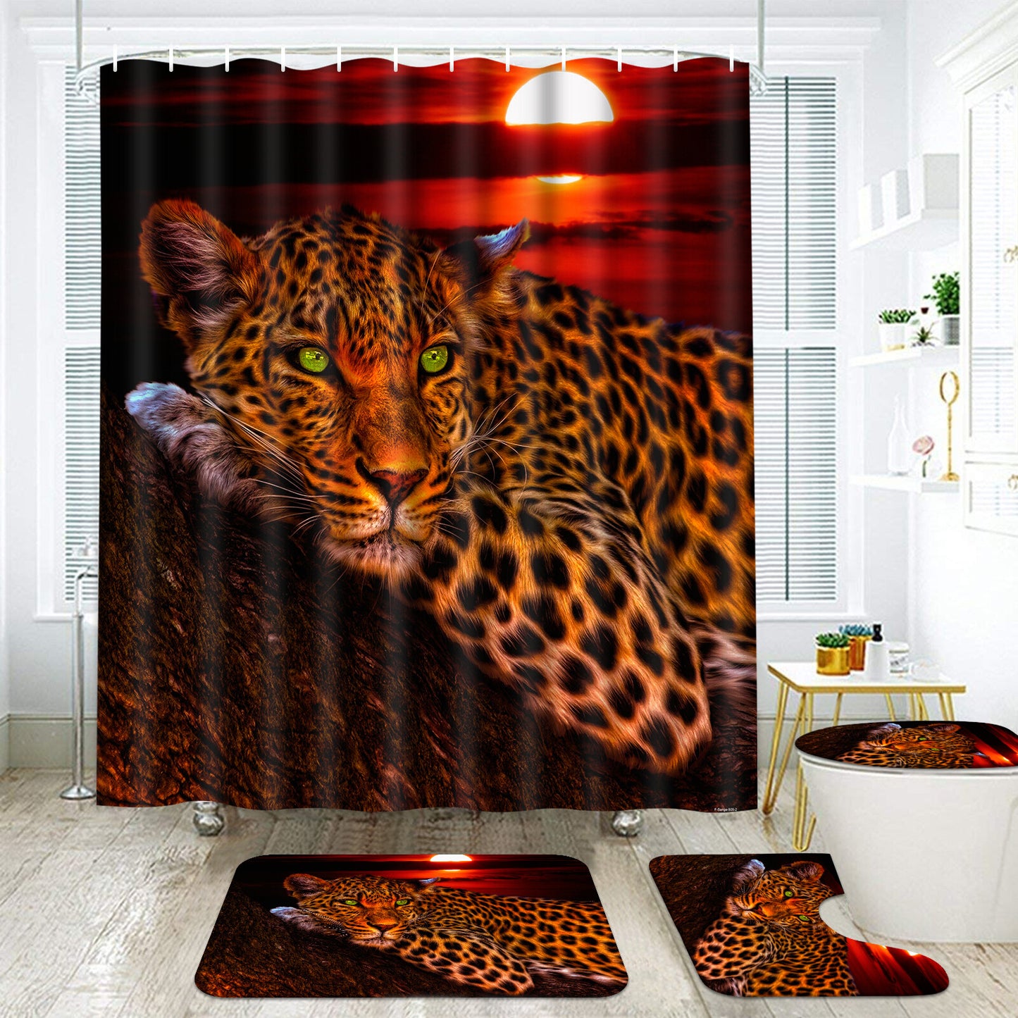 FRAMICS Leopard Cheetah Shower Curtain and Rug Sets, 16 Pc Brown Moon Bathroom Sets, Waterproof Fabric Shower Curtain with 12 Hooks and Toilet Rugs