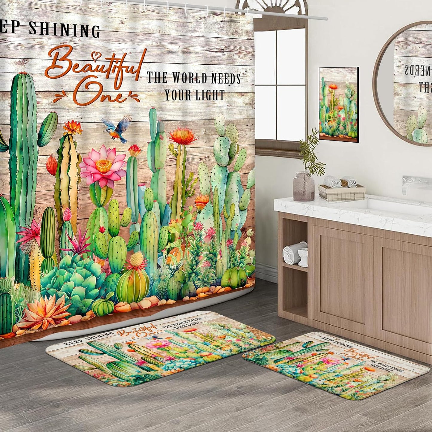 FRAMICS 15 Pc Cactus Shower Curtain Sets, Tropical Succulent Bathroom Sets with Non-Slip Rugs, Rustic Wooden Board Waterproof Fabric Shower Curtain with Bath Mat and 12 Hooks
