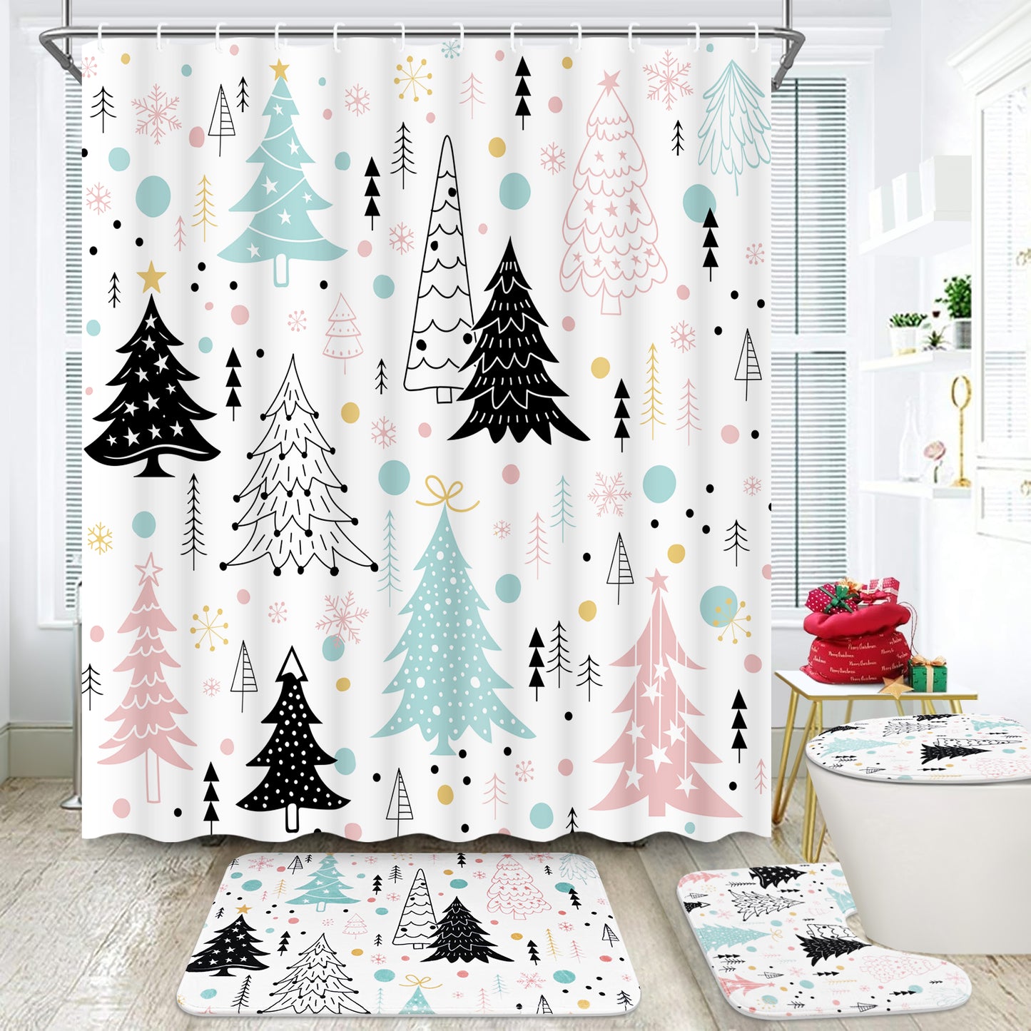FRAMICS Christmas Shower Curtain Sets with Rugs, 16 Pcs Xmas Tree Bathroom Sets, Waterproof Fabric Bathroom Curtain for Home Holiday Decor with Hooks