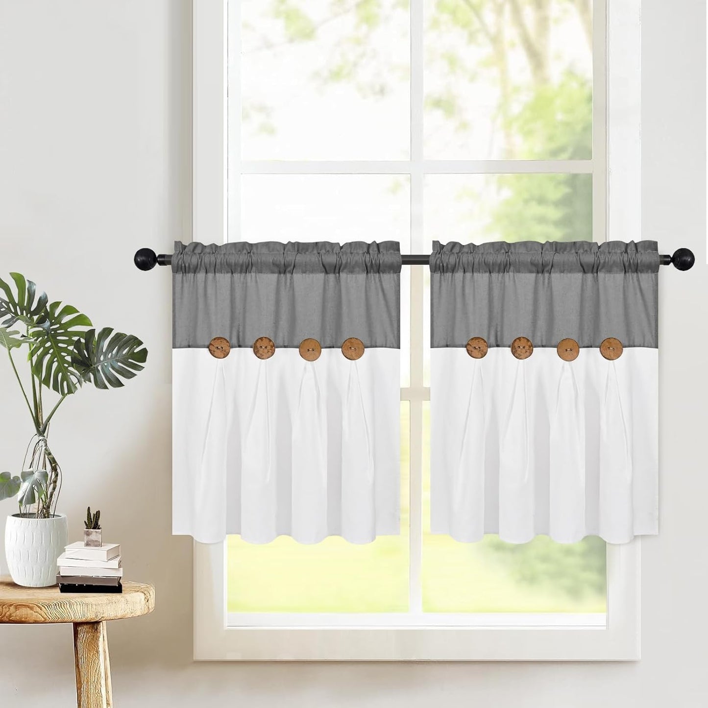 Alishomtll Farmhouse White Solid Print Rustic Rod Pocket Light Filtering Curtain Set, 26" x 24" (2 Panels),Gray White