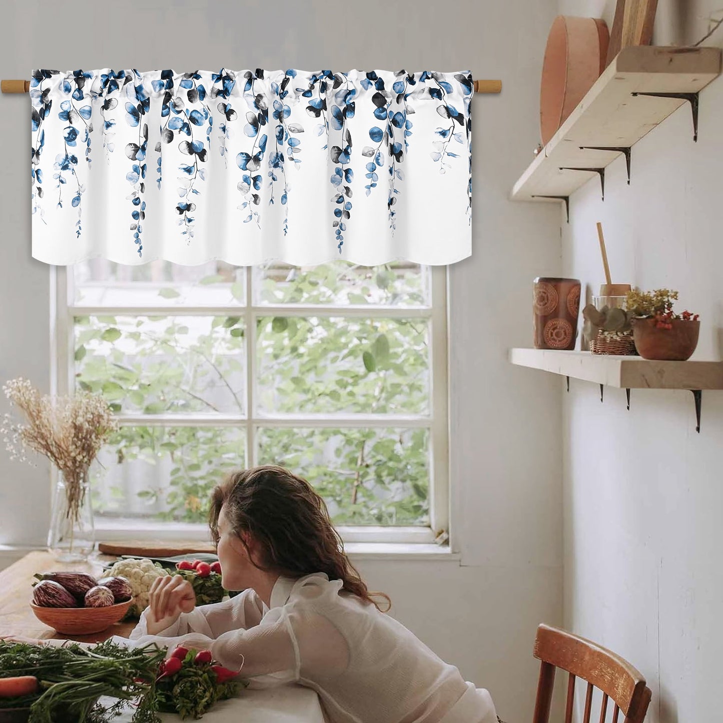 Alishomtll Valance Curtains for Living Room Bedroom Kitchen Windows Grey Blue Watercolor Leaves Print ,52 x 18 inch,Rod Pocket