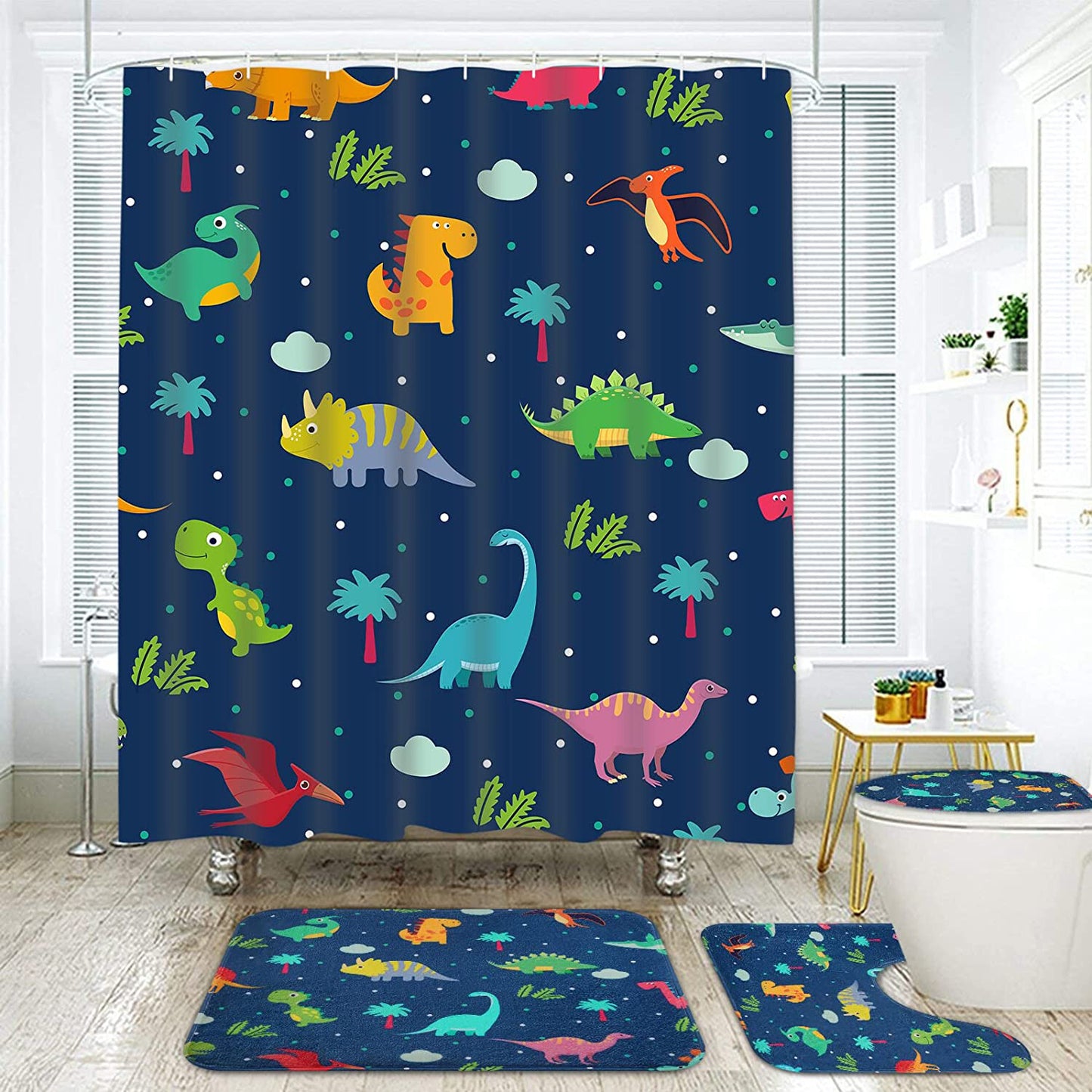 FRAMICS 16 Pc Kids Cartoon Dinosaur Shower Curtain and Rug Sets, Blue Cute Bathroom Sets, Waterproof Fabric Shower Curtain with 12 Hooks and Toilet Rugs