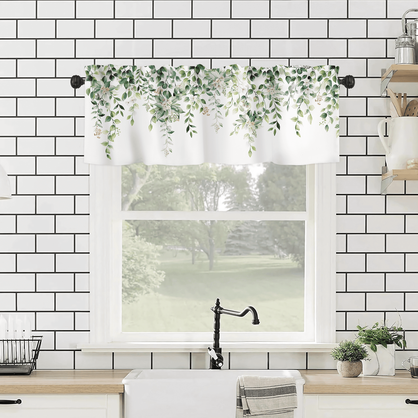 Alishomtll Green Valance Curtains for Living Room Bedroom Kitchen Windows Watercolor Floral Print ,52 x 18 inch,Rod Pocket