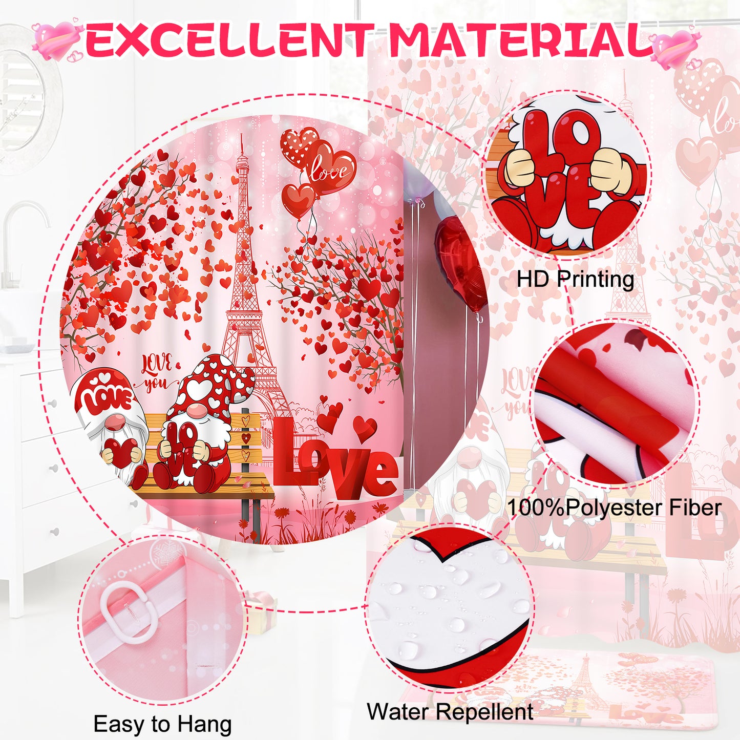 FRAMICS Valentine's Day Shower Curtain Sets with Rugs, 16 Pc Love Heart Gnomes Bathroom Sets with Hooks, Pink Eiffel Tower Waterproof Fabric Bathroom Decor Gift