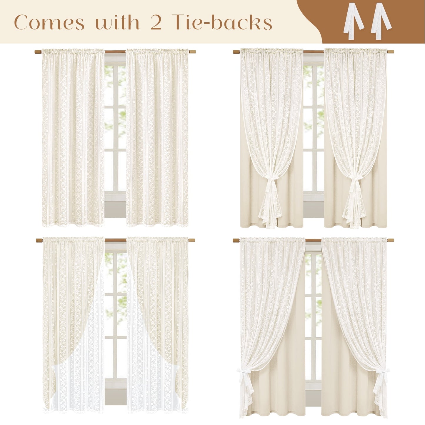 Alishomtll Beige Linen Curtains with Lace Sheer 84 Inches Long, Double Layer Light Filtering Window Drapes for Bedroom Living Room,W52 X L84,2 Panels