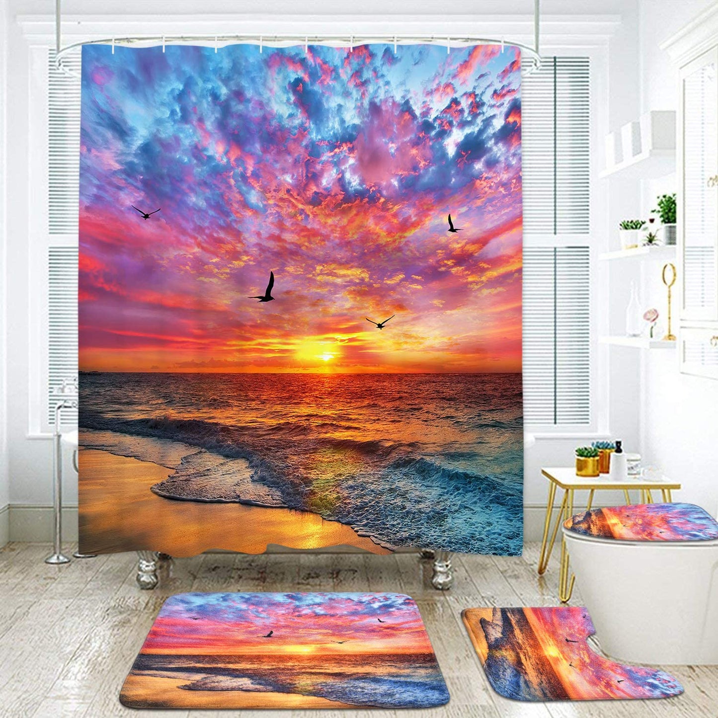 FRAMICS 16 Pc Beach Seagull Shower Curtain and Rug Sets, Purple Sunset Bathroom Sets, Waterproof Fabric Shower Curtain with 12 Hooks and Toilet Rugs