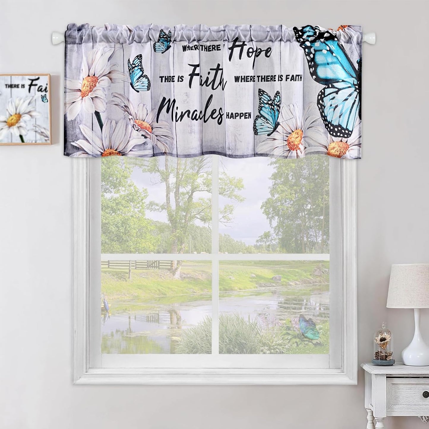 Alishomtll Valance Curtains Butterfly Floral Print Window Curtain Valance Rod Pocket, 52W" x 18L",Gray