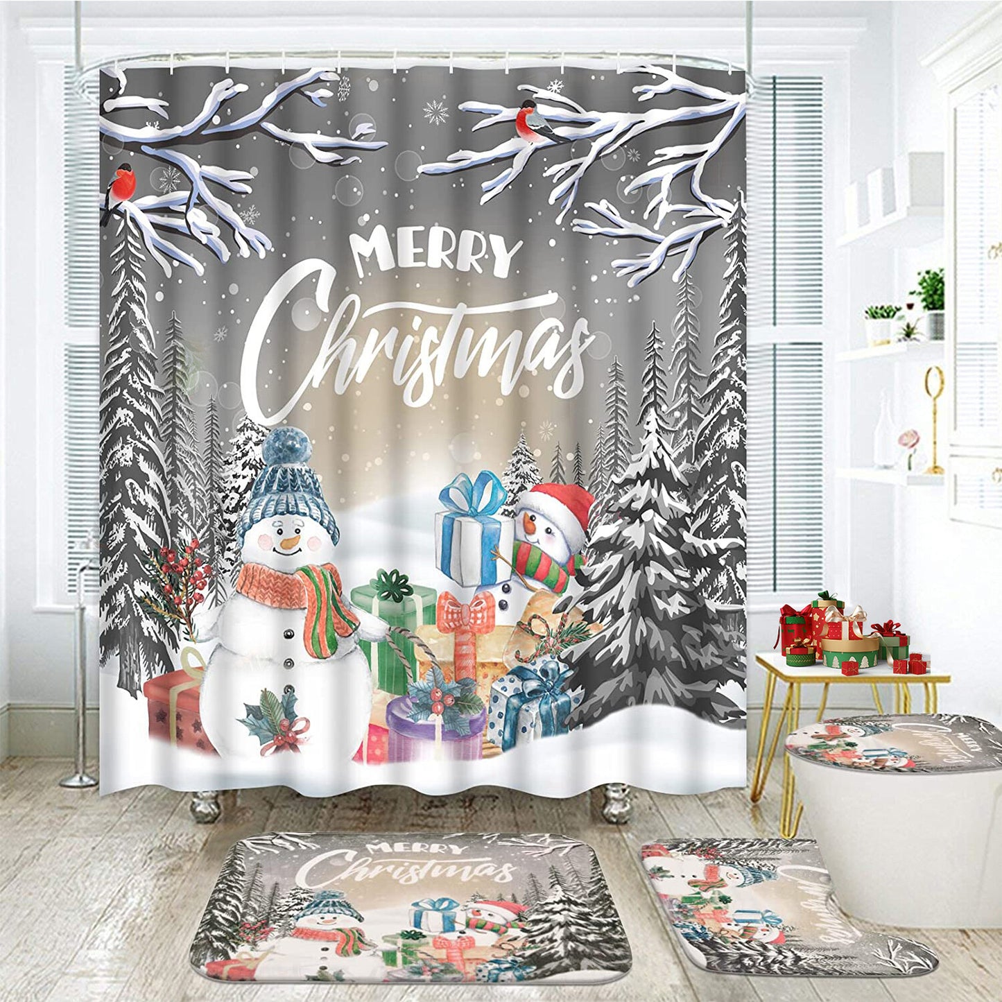 FRAMICS Merry Christmas Shower Curtain Sets with Rugs, Snowman Snowflake Bathroom Decor Set, Silver Grey Xmas Trees Gift Waterproof Fabric Shower Curtain with 12 Hooks and Toilet Rugs