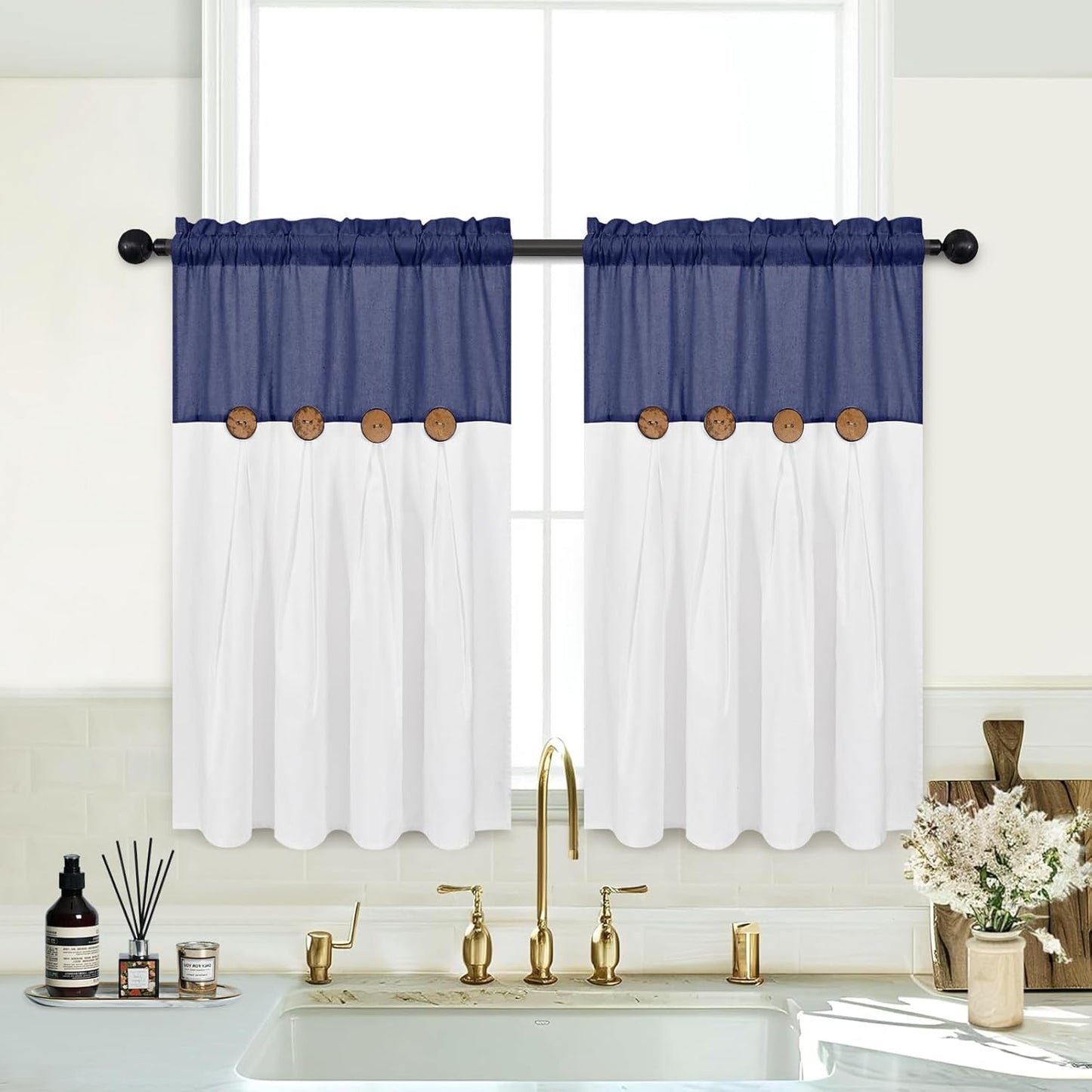 Alishomtll Linen Farmhouse White Boho Button Solid Print Rod Pocket Light Filtering Curtains, 26" x 36" (2 Panels),Blue white