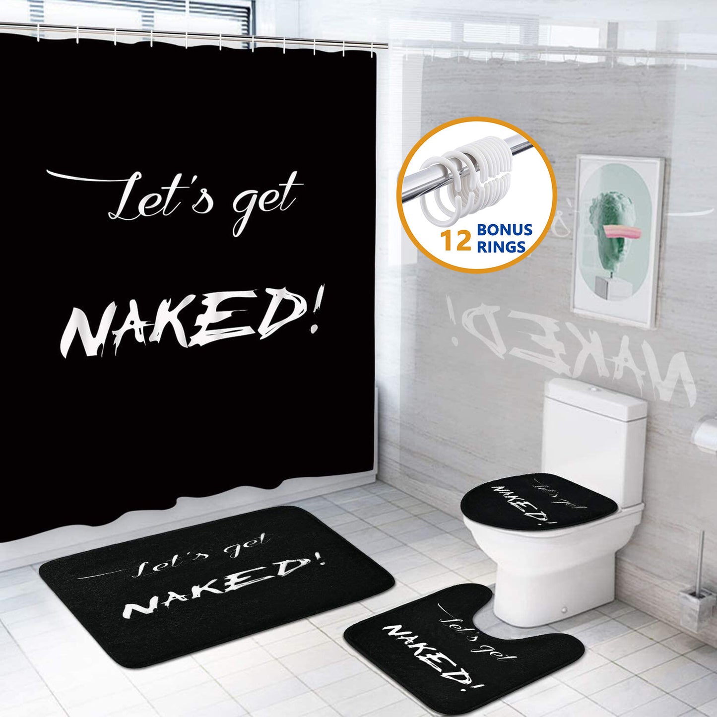 FRAMICS Get Naked Alphabet Shower Curtain and Rug Sets, 16 Pc Black White Bathroom Sets, Waterproof Fabric Shower Curtain with 12 Hooks and Toilet Rugs