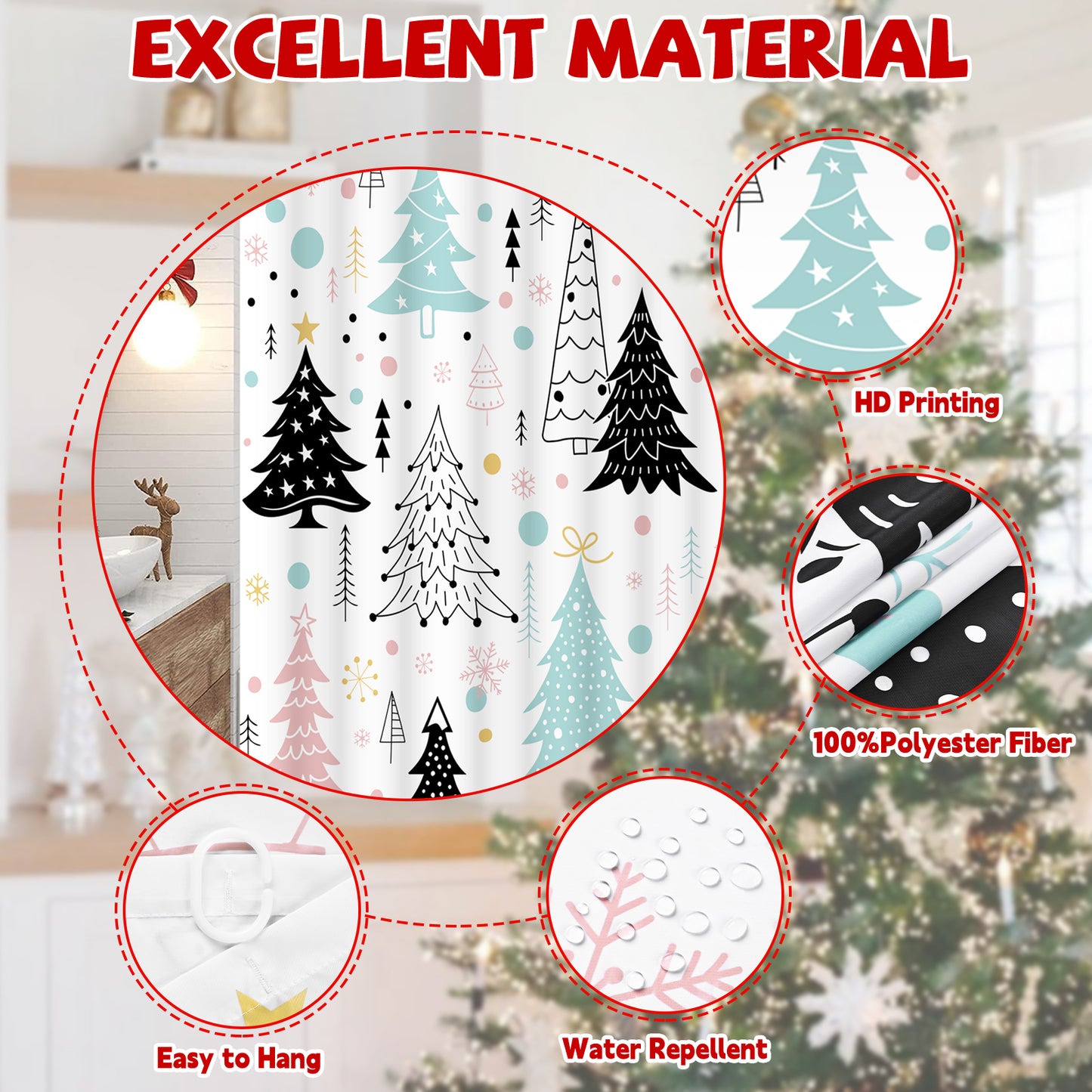 FRAMICS Christmas Shower Curtain Sets with Rugs, 16 Pcs Xmas Tree Bathroom Sets, Waterproof Fabric Bathroom Curtain for Home Holiday Decor with Hooks