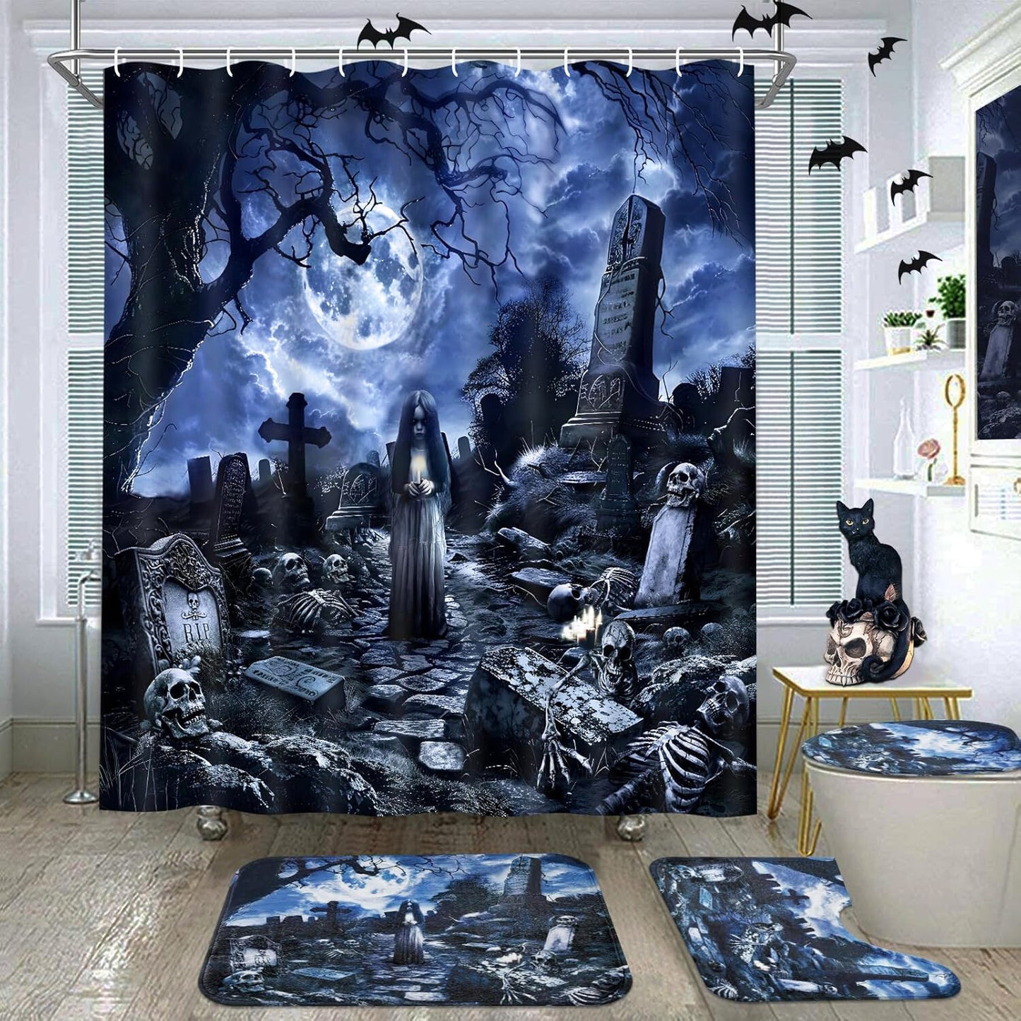 FRAMICS Halloween Shower Curtain Set with Rugs, 16 Pc Spooky Ghost Witch Bathroom Sets, Scary Graveyard Skeleton Waterproof Fabric Shower Curtain with 12 Hooks and Toilet Rugs