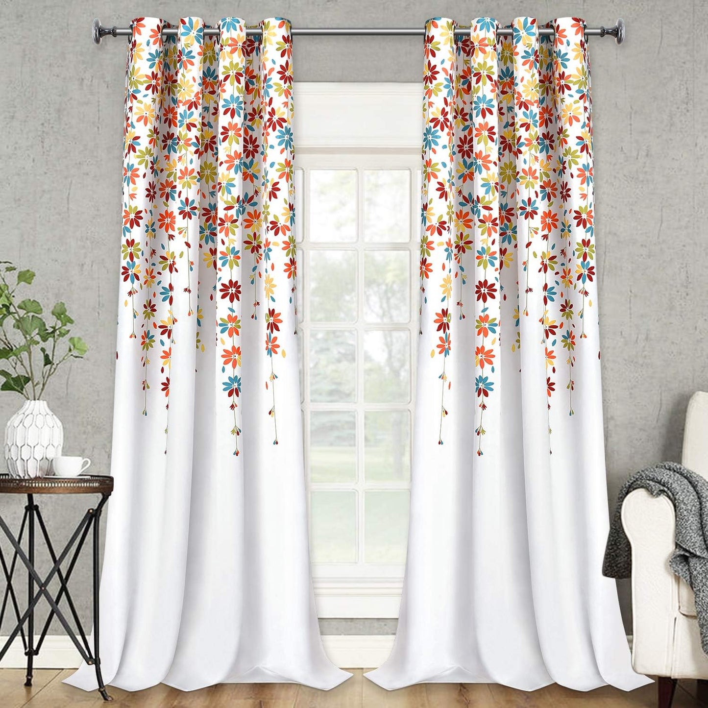 Alishomtll Falling Flower Window Curtain Grommet Light Filtering Drapes for Bedroom Living Room, Set of 2