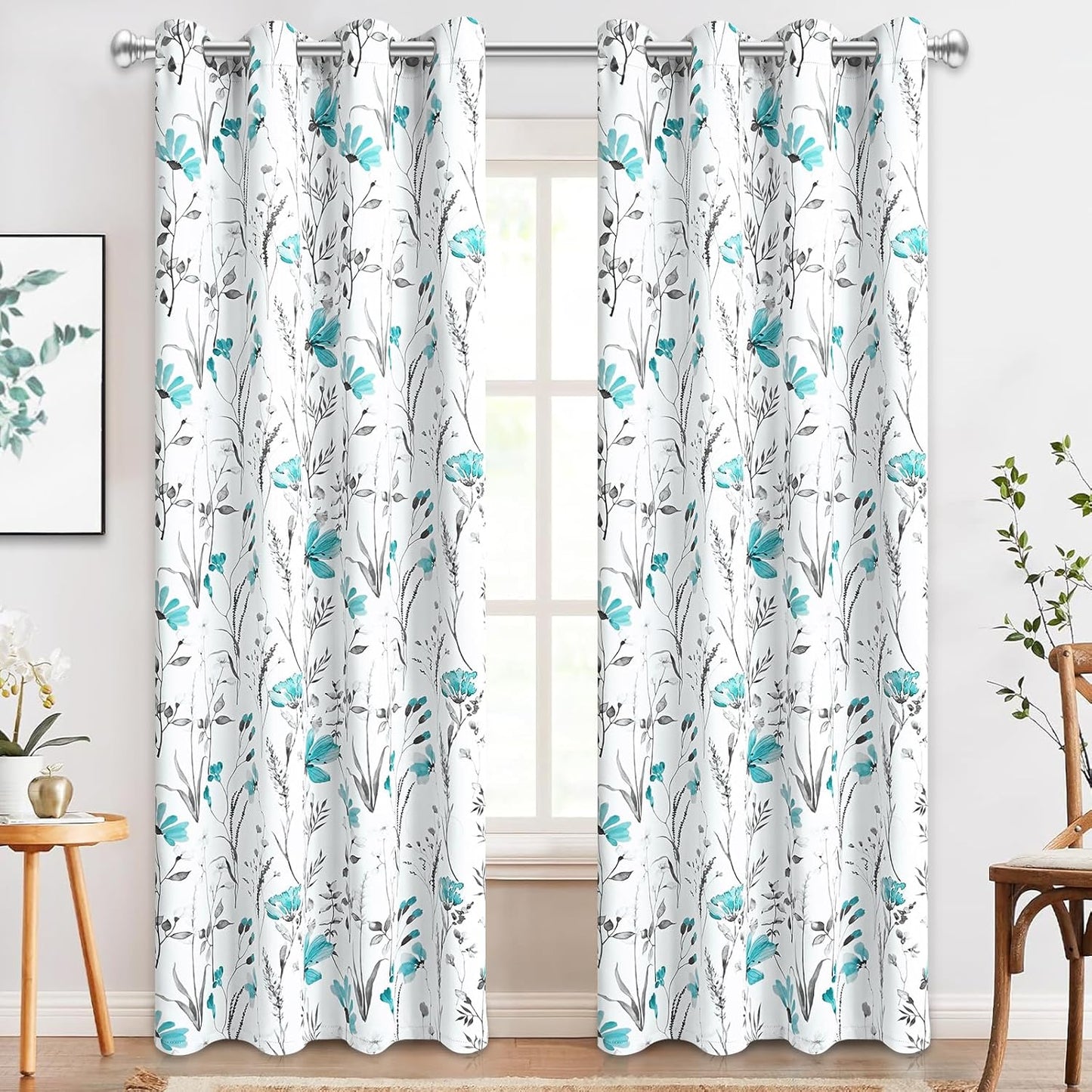Alishomtll Teal Floral Blackout Curtains for Living Room Bedroom Energy Efficient Thermal Insulated Grommet Window Drapes, 52"x 84",Set of 2