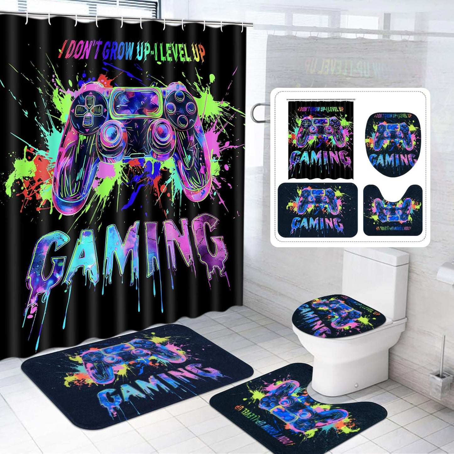 FRAMICS Blacklight Gaming Shower Curtain Sets with Rugs, 16 Pc Videogames Gamepad Bathroom Sets, Waterproof Fabric Bathroom Curtain Decor with Hooks for Boys Kids