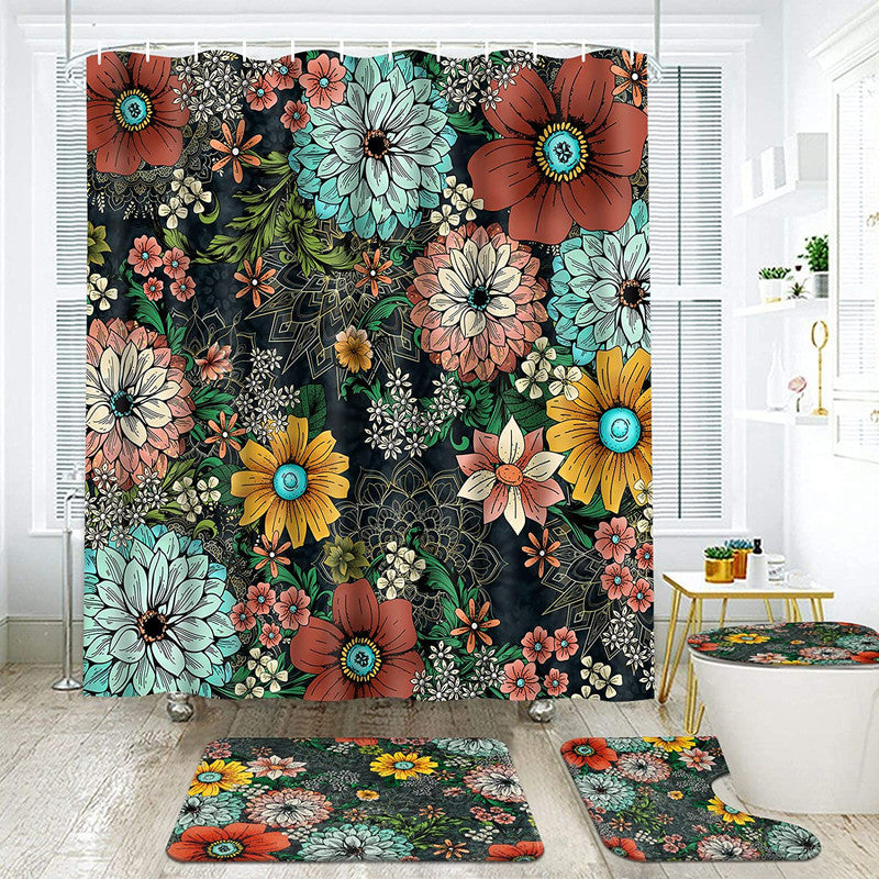 FRAMICS 16 Piece Boho Flower Shower Curtain and Rug Sets, Colorful Paisley Floral Bathroom Sets, Retro Waterproof Fabric Shower Curtain with 12 Hooks and Toilet Rugs