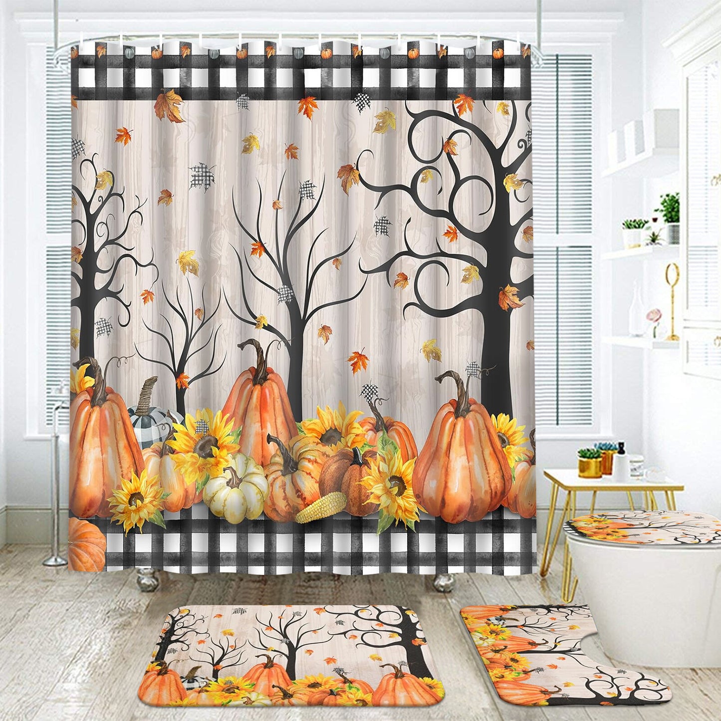 FRAMICS Fall Shower Curtain Set with Rugs, Thanksgiving Pumpkin Bathroom Sets, Black White Buffalo Check Waterproof Fabric Shower Curtain with 12 Hooks and Toilet Rugs